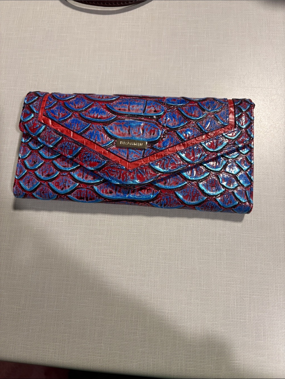 Brahmin Blue and Red Iridescent Embossed Leather Wallet